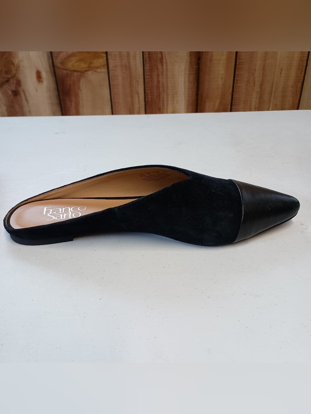 Franco Sarto Mule Flats Womens 8 Black Sharin Suede Leather Cap Toe Pointed - Picture 3 of 11